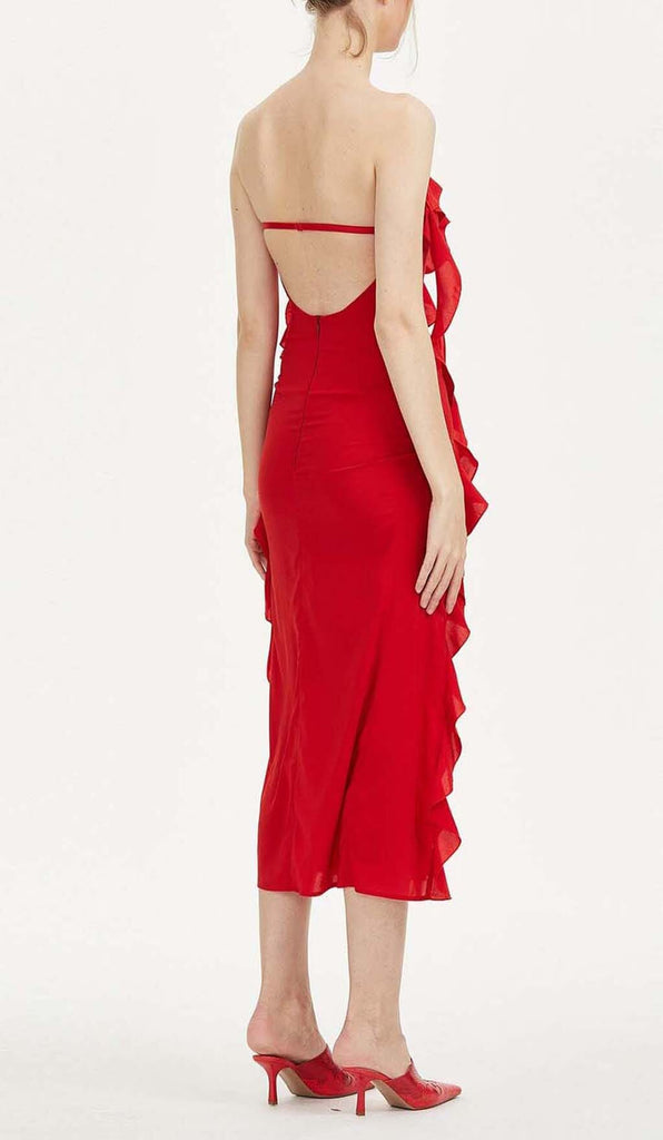 STRAPLESS RUFFLE SLIT MIDI DRESS IN RED DRESS OH CICI