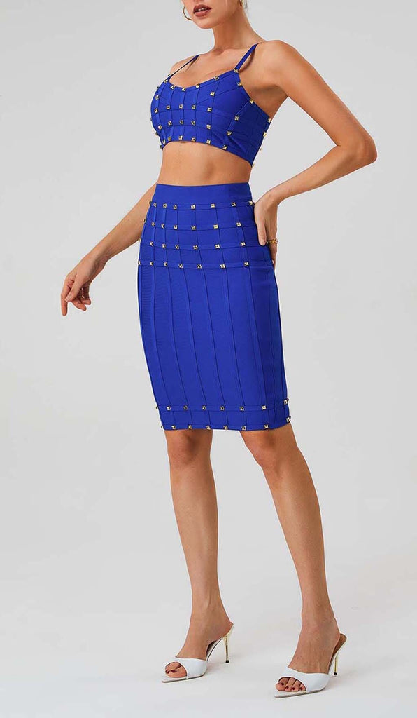 STUDDED STRAP SLEEVELESS TWO PIECE SET IN BLUE DRESS sis label 
