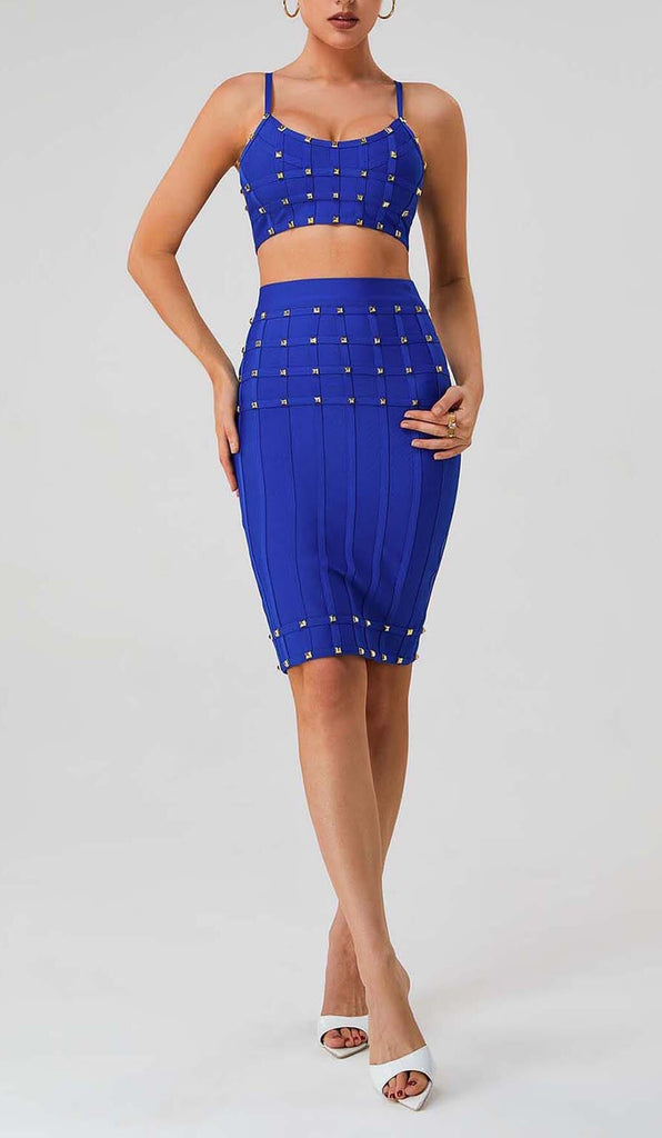 STUDDED STRAP SLEEVELESS TWO PIECE SET IN BLUE DRESS sis label 