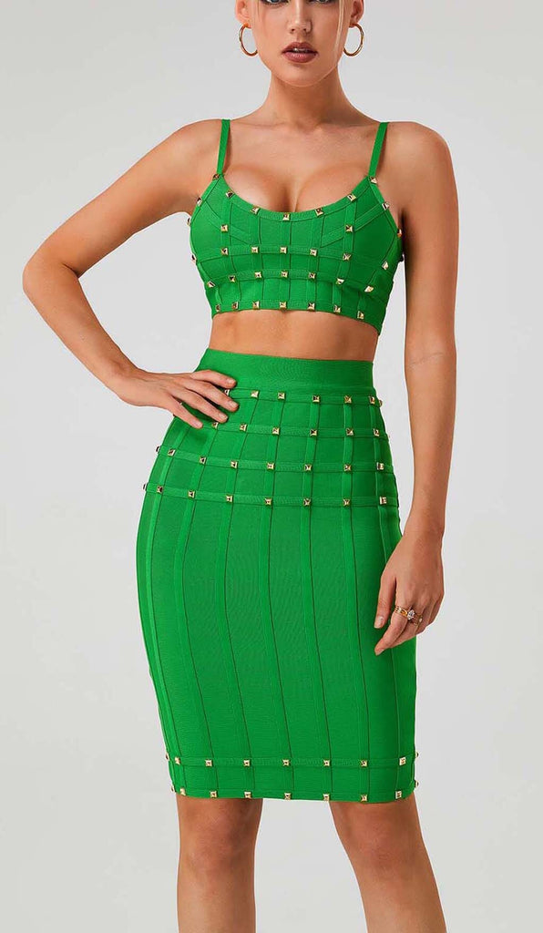 STUDDED STRAP SLEEVELESS TWO PIECE SET IN GREEN DRESS sis label 