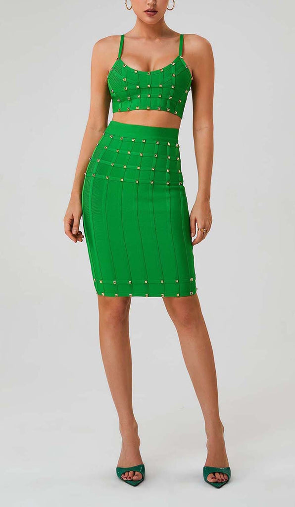 STUDDED STRAP SLEEVELESS TWO PIECE SET IN GREEN DRESS sis label 