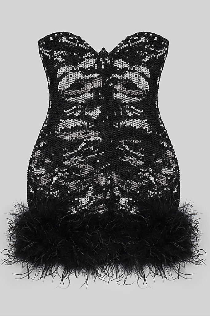STRAPLESS FEATHER-TRIM MINI DRESS IN BLACK-Sequins Dress-Oh CICI SHOP