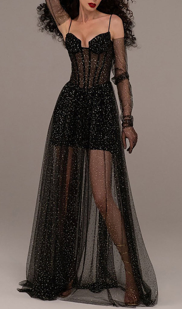 STRAPPY DRAPED RHINESTONE TULLE CORSET MAXI DRESS IN BLACK-Oh CICI SHOP