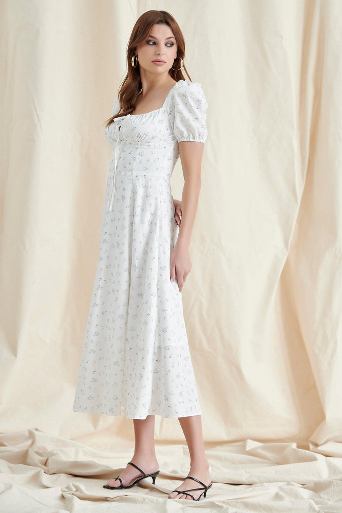 WHITE FLORAL PUFF SLEEVE MAXI DRESS-Dresses-Oh CICI SHOP