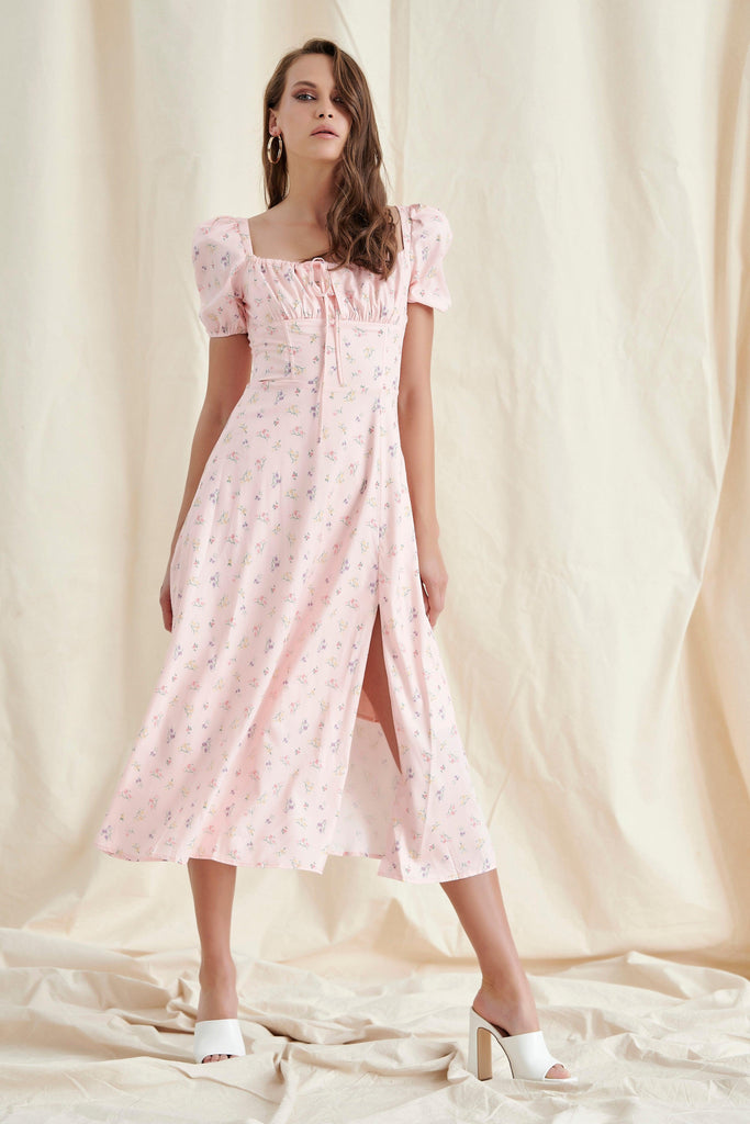 PINK FLORAL PUFF SLEEVE MAXI DRESS-Dresses-Oh CICI SHOP
