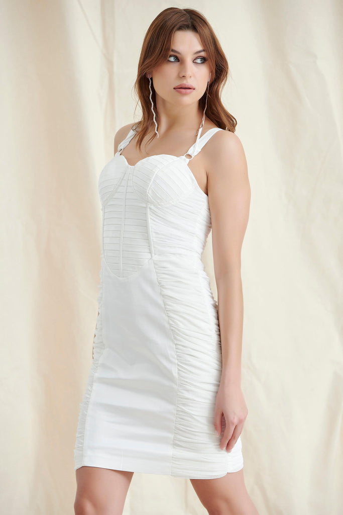 WHITE RUCHED CORSET MINI DRESS-Dresses-Oh CICI SHOP