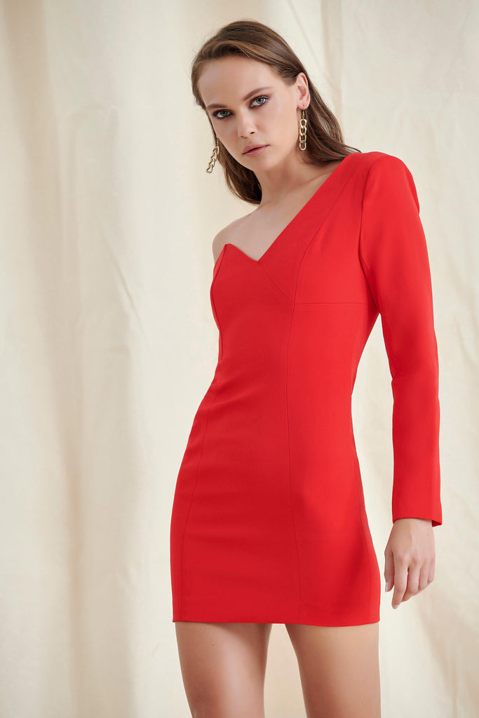 RED ONE SHOULDER MINI DRESS-Dresses-Oh CICI SHOP