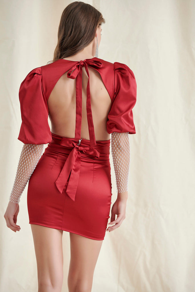 RED SATIN PLUNGE MINI DRESS-Dresses-Oh CICI SHOP