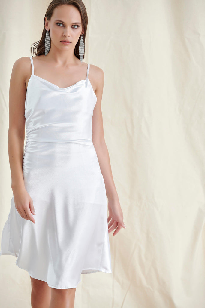 WHITE SATIN RUCHED MIDI DRESS-Dresses-Oh CICI SHOP
