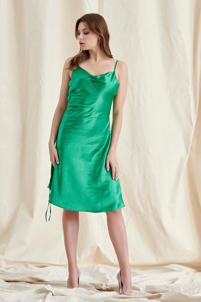 GREEN SATIN RUCHED MIDI DRESS-Dresses-Oh CICI SHOP