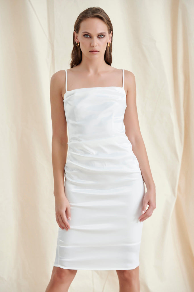 WHITE SATIN MIDI DRESS-Dresses-Oh CICI SHOP