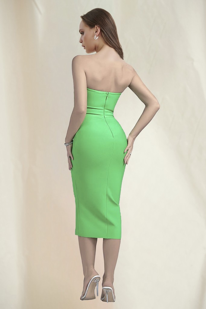 GREEN STRAPLESS HOLLOW OUT MIDI BANDAGE DRESS-Dresses-Oh CICI SHOP