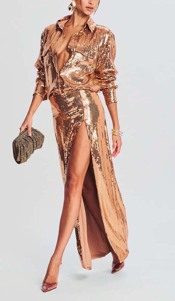 THIGH SLIT GLITTER MAXI DRESS IN METALLIC GOLD DRESS OH CICI
