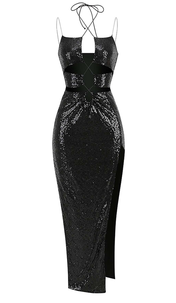 THIGH SLIT SEQUIN MAXI DRESS IN BLACK DRESS OH CICI