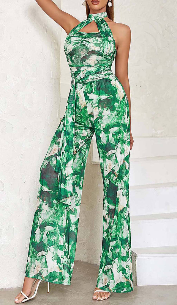 TIE FRONT HALTER NECK BACKLESS JUMPSUIT IN GREEN DRESS OH CICI 