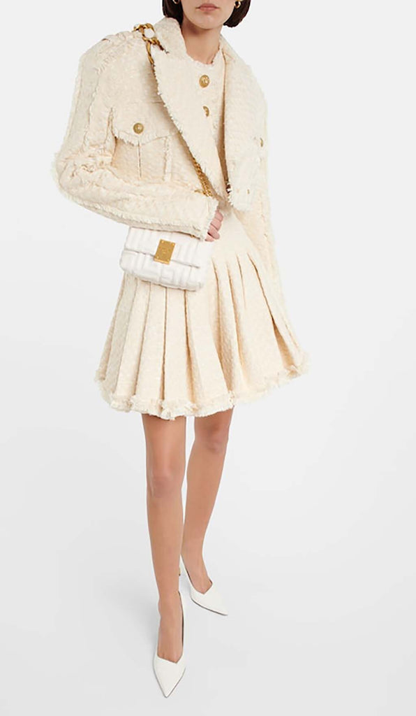 TWEED CROPPED JACKET WITH PLATED SKIRT IN LVORY OH CICI 