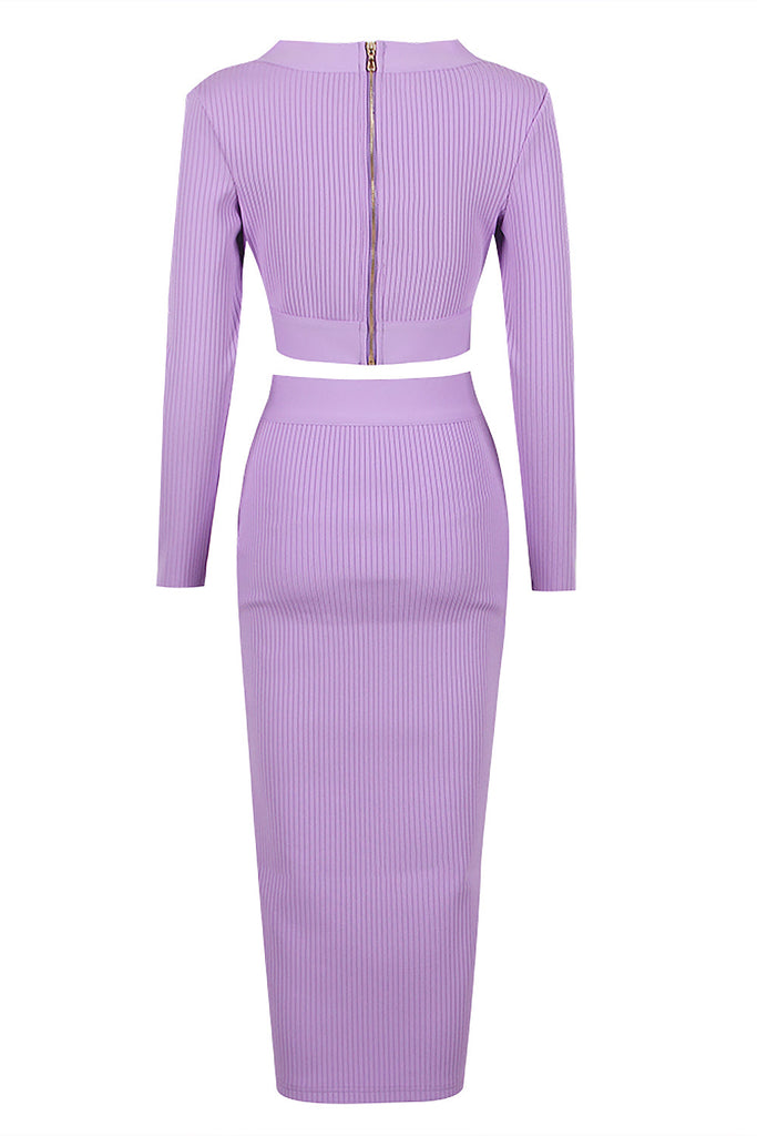 V-Neck Long Sleeve Top & Pencil Midi Skirt Bandage Two-Piece Set-TOPS & SKIRTS-Oh CICI SHOP