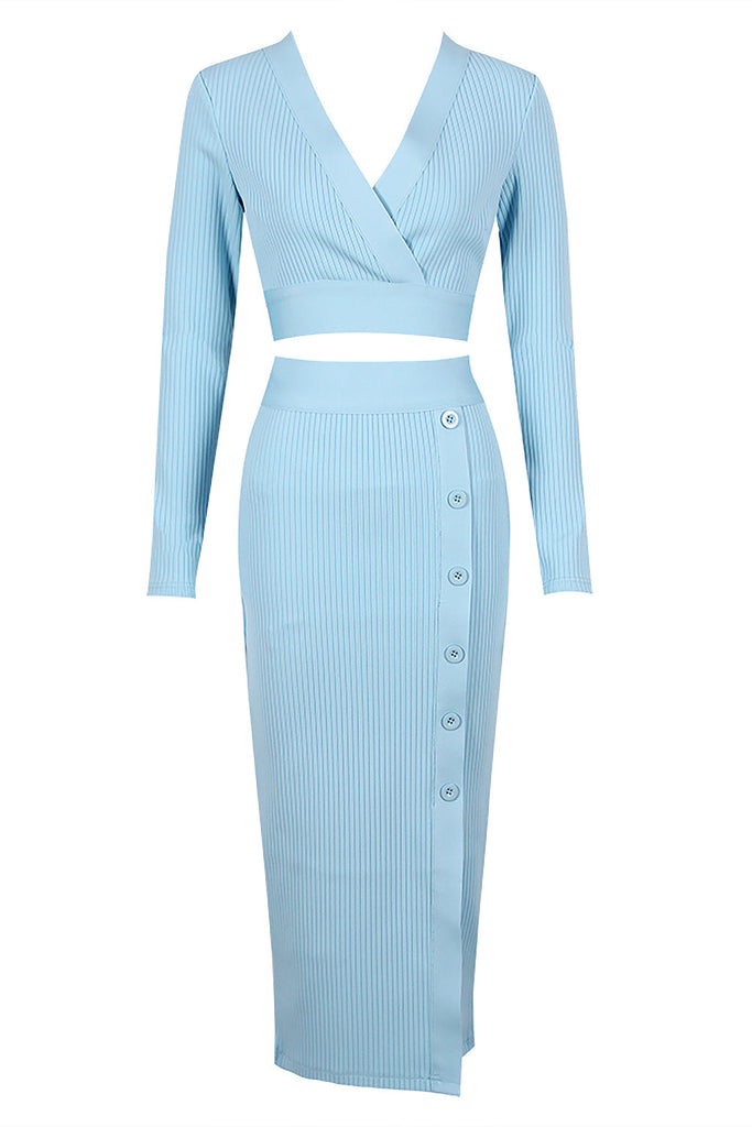 V-Neck Long Sleeve Top & Pencil Midi Skirt Bandage Two-Piece Set-TOPS & SKIRTS-Oh CICI SHOP