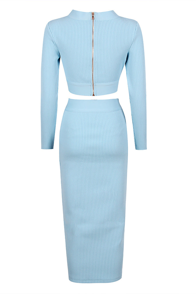 V-Neck Long Sleeve Top & Pencil Midi Skirt Bandage Two-Piece Set-TOPS & SKIRTS-Oh CICI SHOP