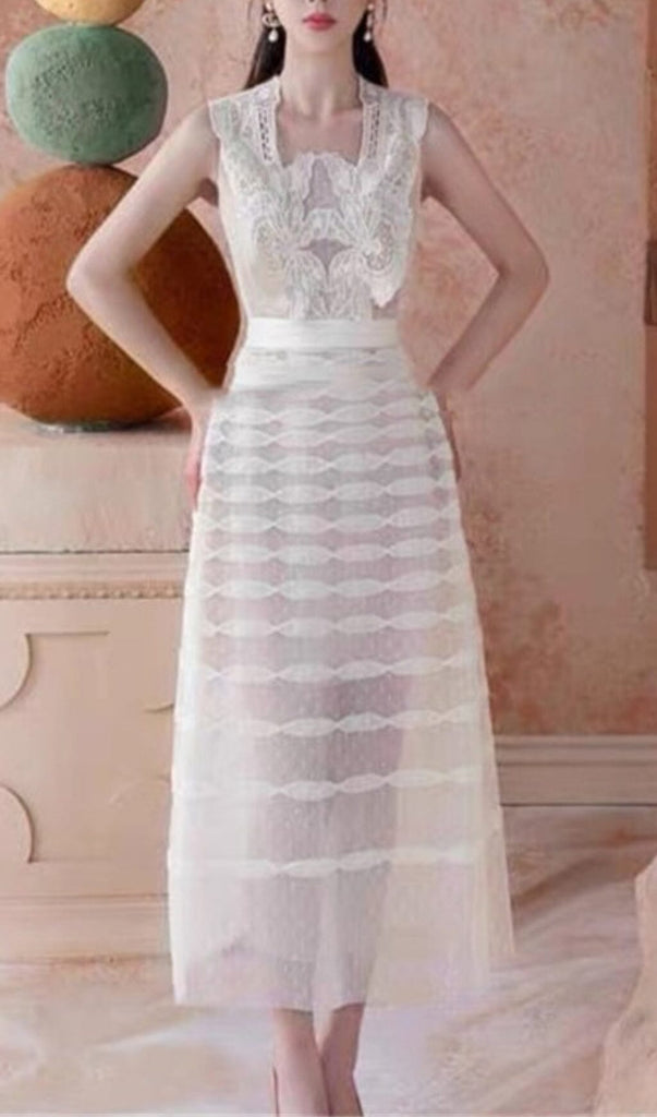 STITCHING LACE TIERED MIDI DRESS IN WHITE DRESS OH CICI