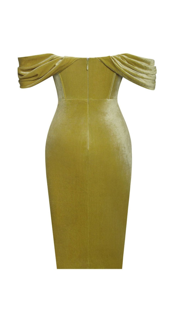 VELVET OFF SHOULDER CORSET DRESS IN GOLD-Dresses-Oh CICI SHOP