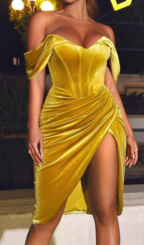 VELVET OFF SHOULDER CORSET DRESS IN GOLD-Dresses-Oh CICI SHOP