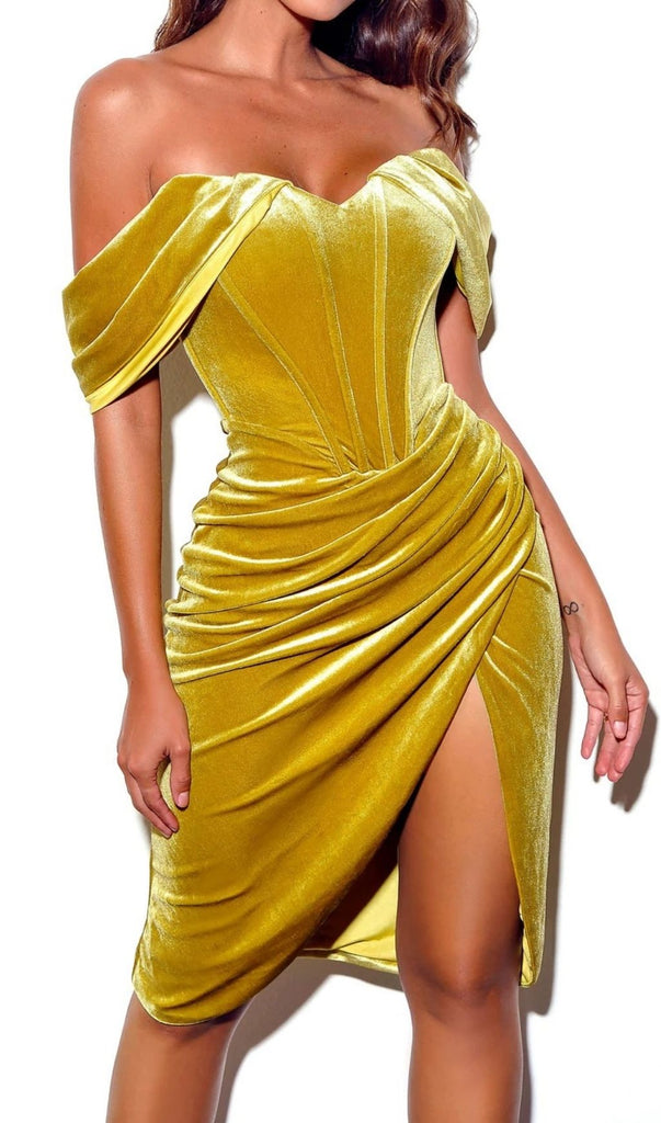 VELVET OFF SHOULDER CORSET DRESS IN GOLD-Dresses-Oh CICI SHOP