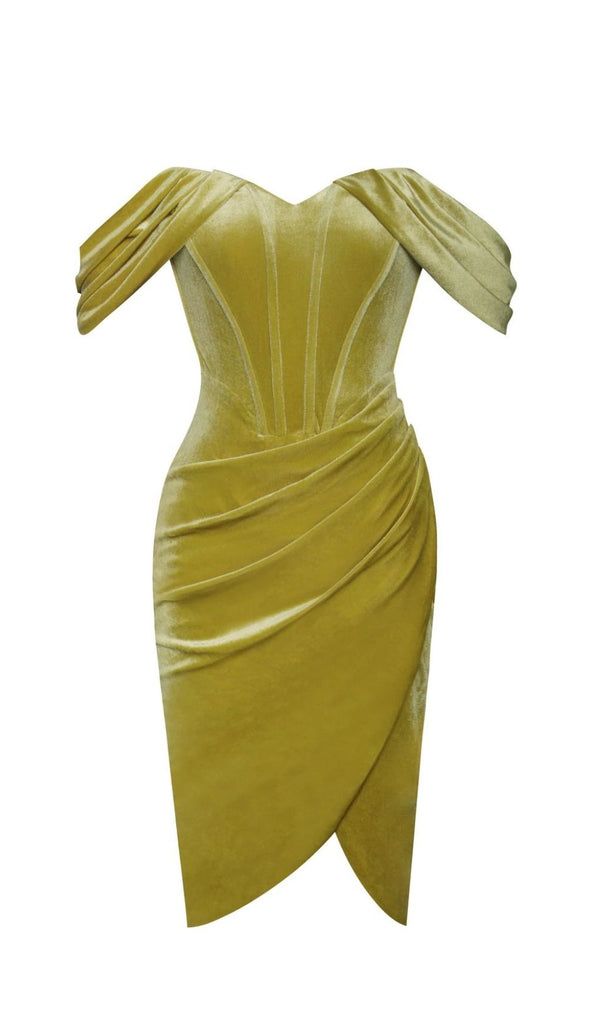 VELVET OFF SHOULDER CORSET DRESS IN GOLD-Dresses-Oh CICI SHOP