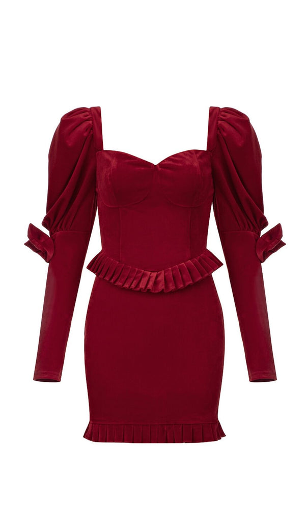 VELVET PUFF SLEEVE MINI DRESS IN WINE RED-Dresses-Oh CICI SHOP