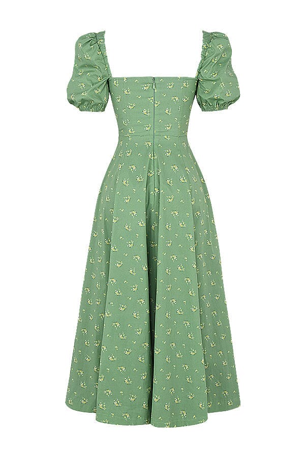 VINTAGE FLORAL PUFF SLEEVE MIDI DRESS IN GREEN oh cici 