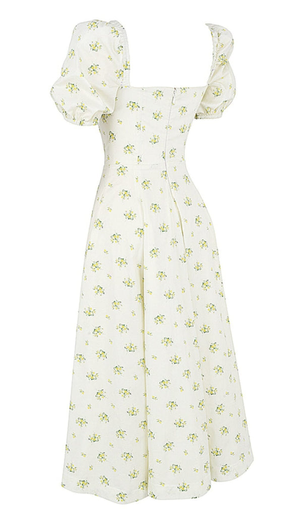 VINTAGE FLORAL PUFF SLEEVE MIDI DRESS IN WHITE OH CICI 