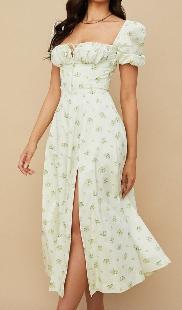 VINTAGE FLORAL PUFF SLEEVE MIDI DRESS IN WHITE OH CICI 
