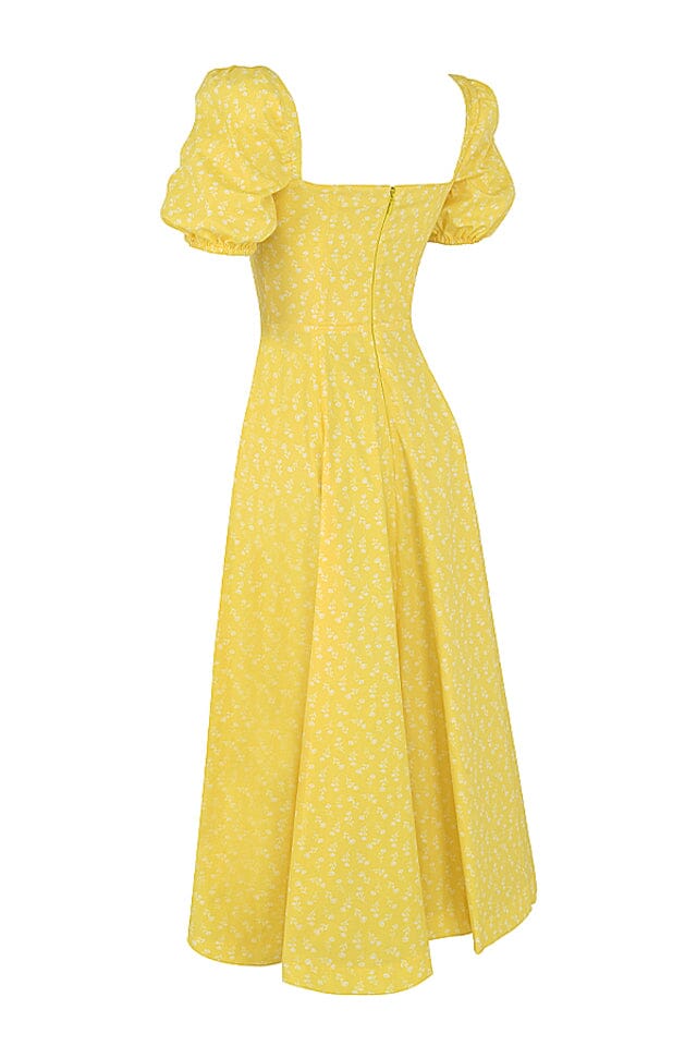 VINTAGE FLORAL PUFF SLEEVE MIDI DRESS IN YELLOW oh cici 