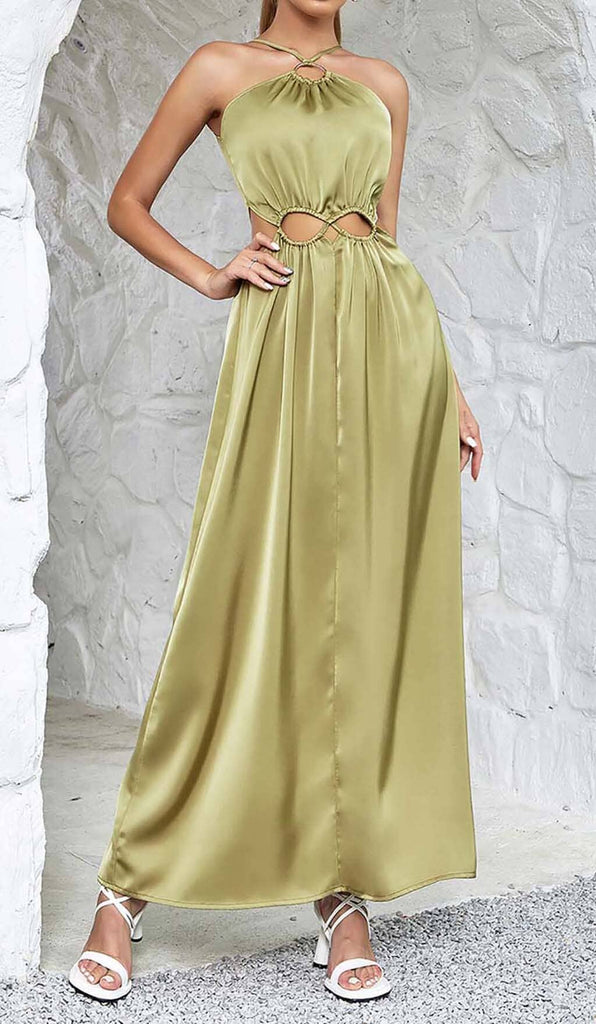 WAIST CUTOUT SATIN MAXI DRESS IN OLIVE DRESS OH CICI 