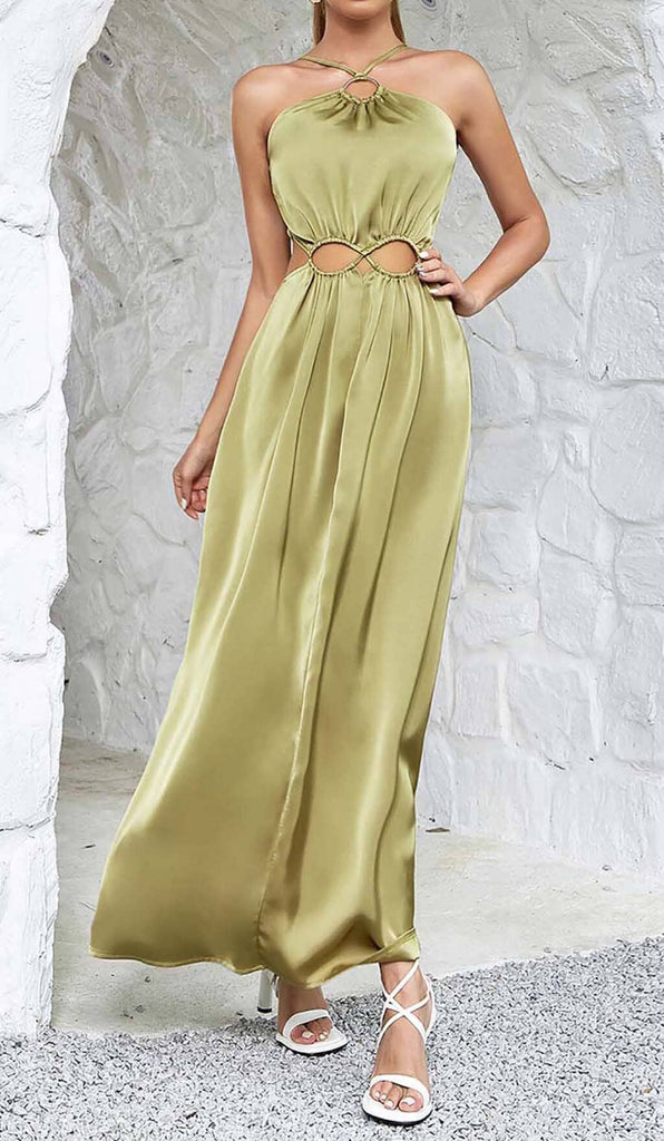 WAIST CUTOUT SATIN MAXI DRESS IN OLIVE DRESS OH CICI 