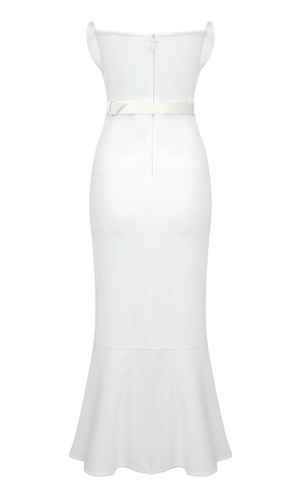 WAIST-TIGHTENING PEARL MIDI DRESS IN WHITE OH CICI 