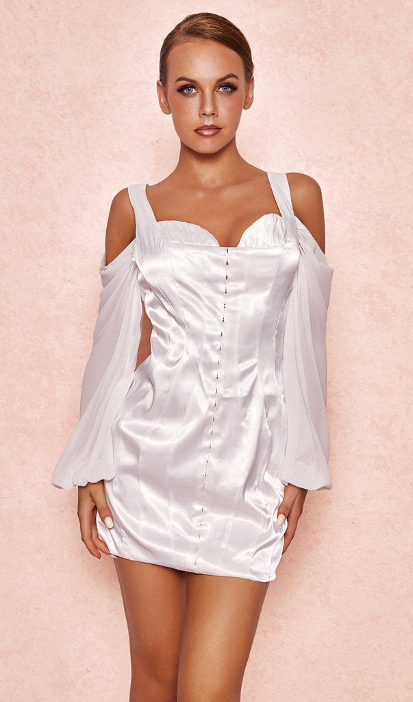 WHITE CORSET DRESS WITH BLOUSON SLEEVES-Dresses-Oh CICI SHOP