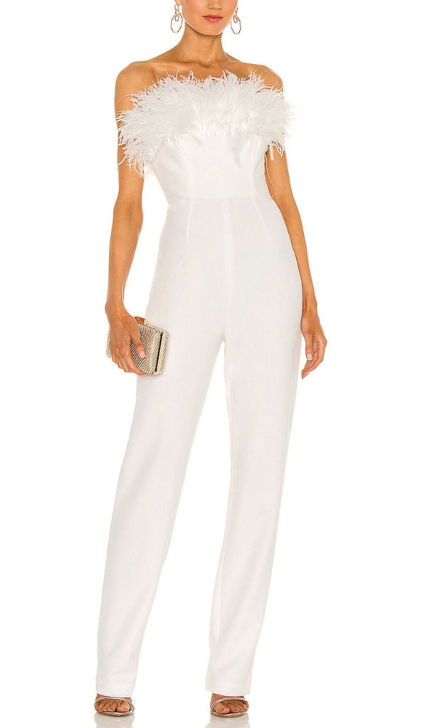 WHITE FEATHER JUMPSUIT-Jumpsuits & Rompers-Oh CICI SHOP