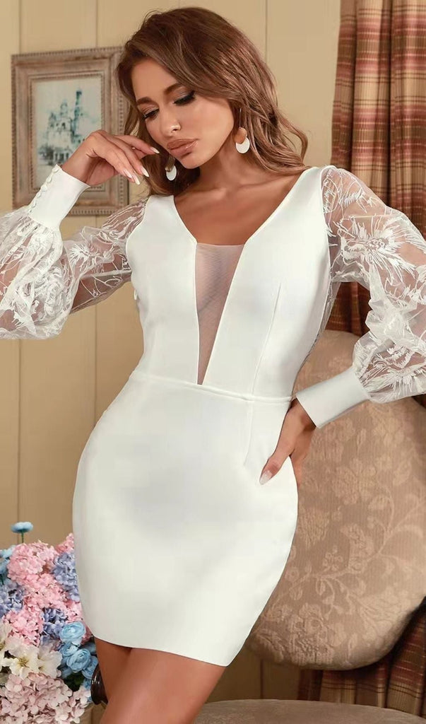 WHITE LEAKY BACK LACE STITCHING DRESS-Dresses-Oh CICI SHOP