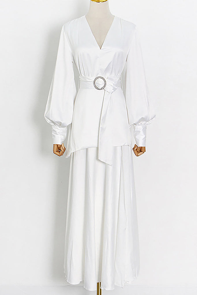 White Deep V Lantern Long Sleeve A-Line Dress-Dresses-Oh CICI SHOP