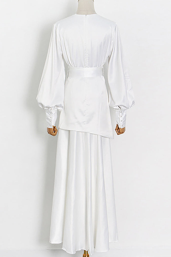 White Deep V Lantern Long Sleeve A-Line Dress-Dresses-Oh CICI SHOP