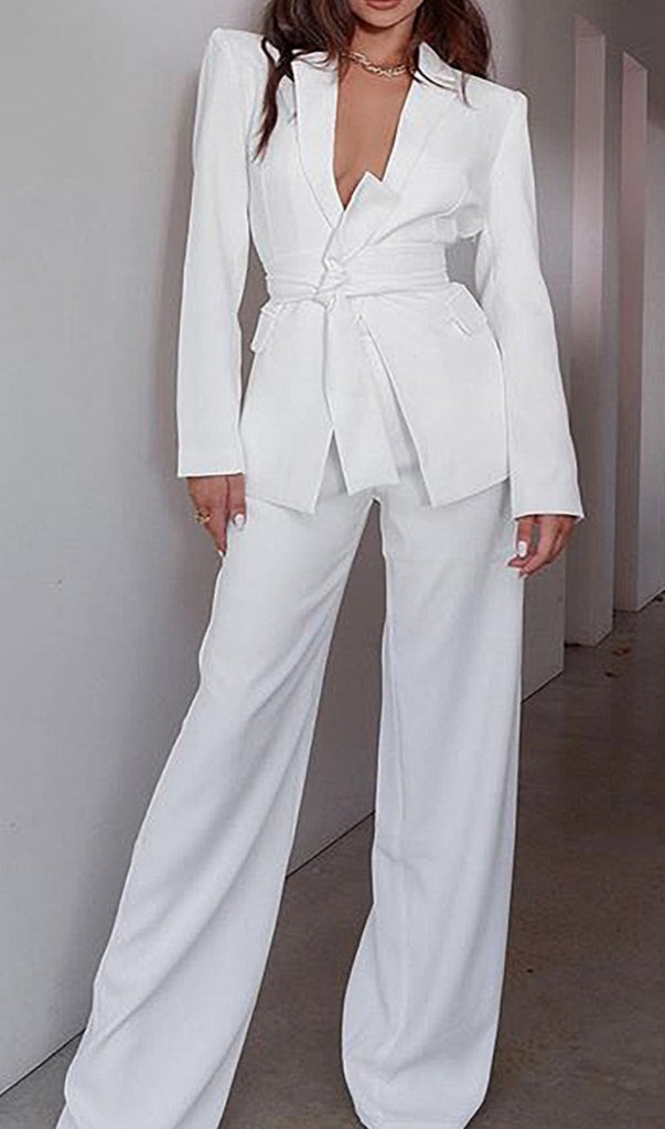 White V Neck Long Sleeves Sashes Suit-BODYSUITS & JUMPSUITS-Oh CICI SHOP