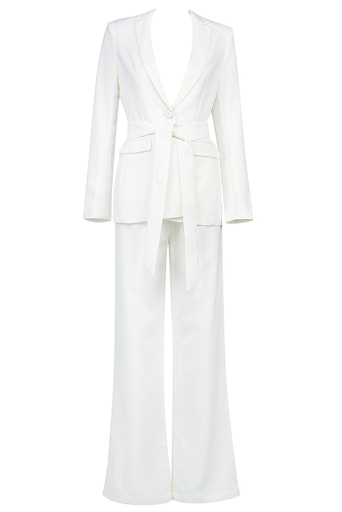 White V Neck Long Sleeves Sashes Suit-BODYSUITS & JUMPSUITS-Oh CICI SHOP