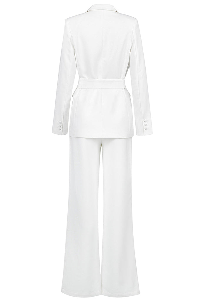 White V Neck Long Sleeves Sashes Suit-BODYSUITS & JUMPSUITS-Oh CICI SHOP