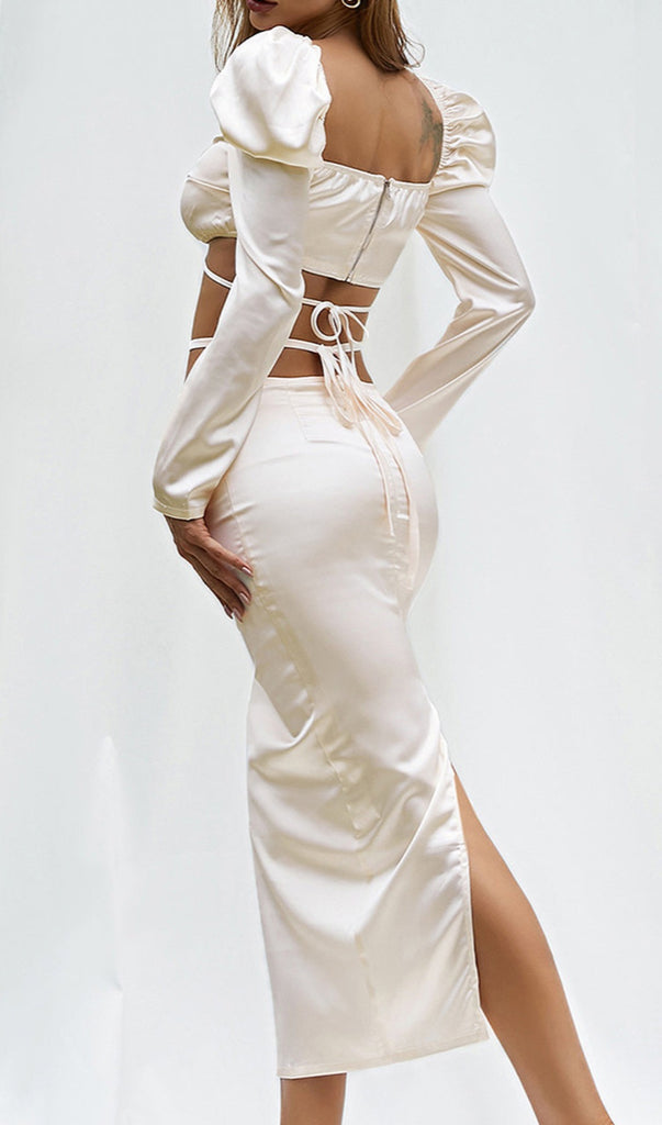 White Long Sleeve Hollow Out Satin Midi Dress-Dresses-Oh CICI SHOP