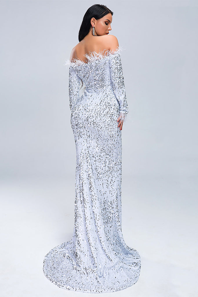 Off Shoulder Feather Long Sleeved Sequin Evening Dress-Sequins Dress-Oh CICI SHOP