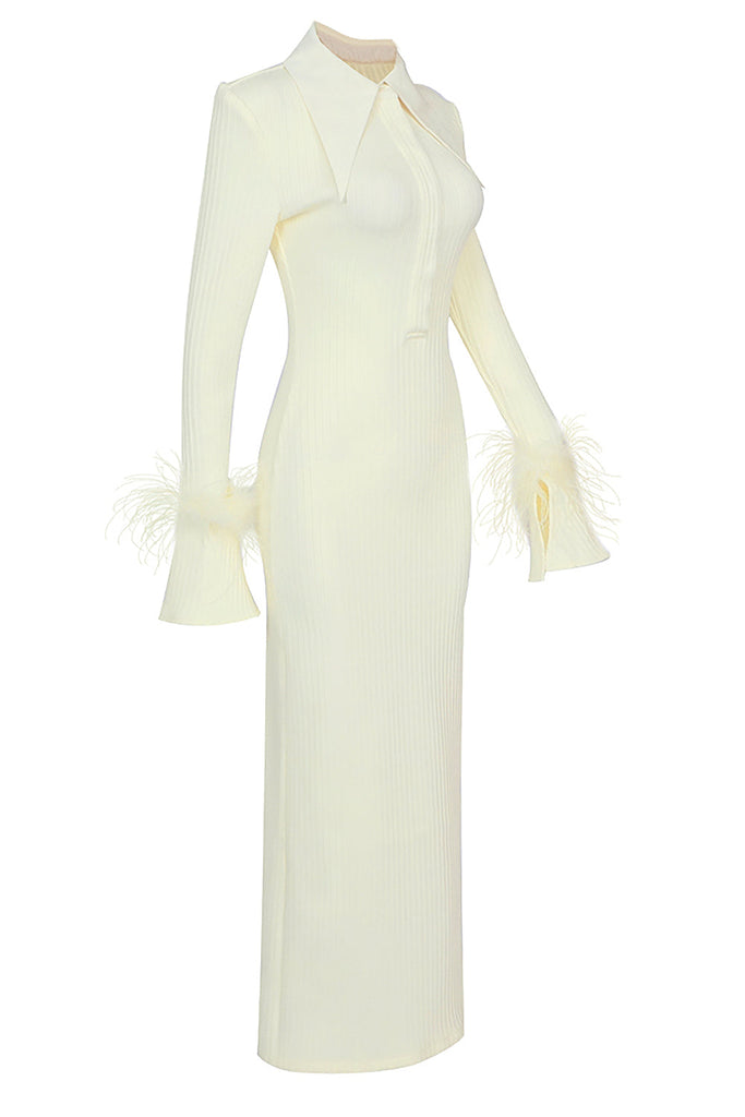 YELLOW LONG SLEEVE STAND COLLAR FEATHER MAXI DRESS-Dress-Oh CICI SHOP