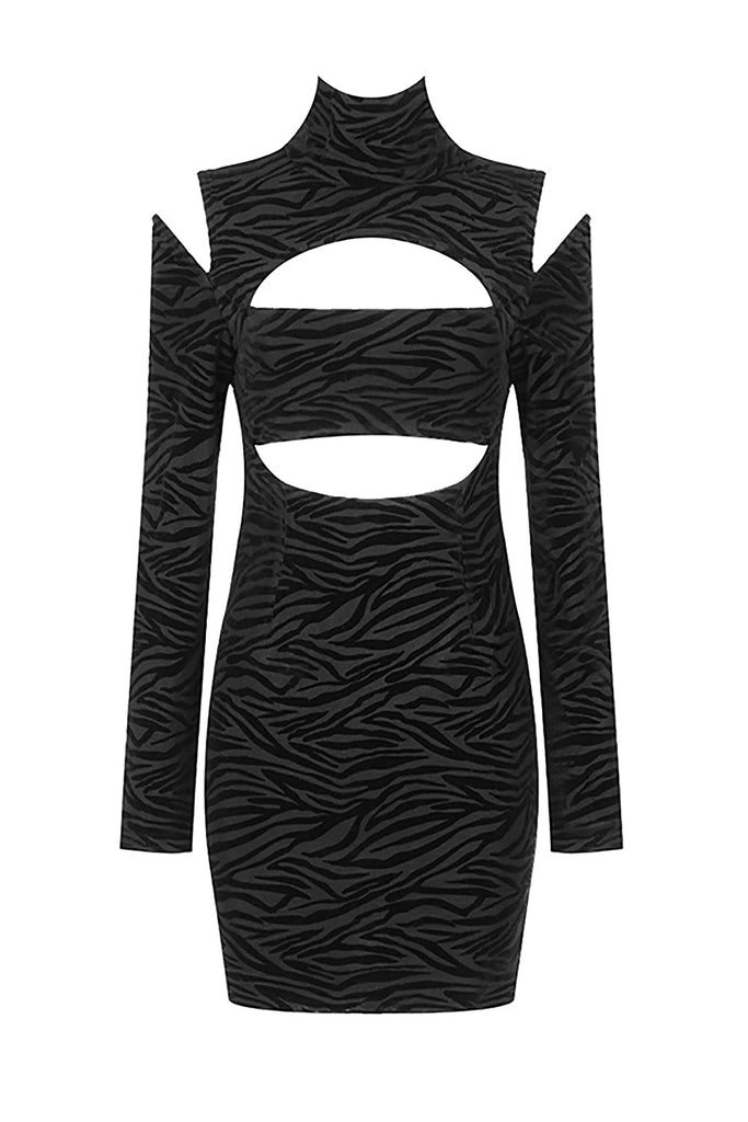 Zebra Striped Turtle neck Hollow Out Long Sleeves Dress-Oh CICI SHOP