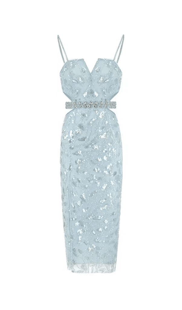 MESH DIAMOND CUT-OUT WAISTLESS SEQUIN SPLID DRESS IN LIGHT BLUE-Oh CICI SHOP