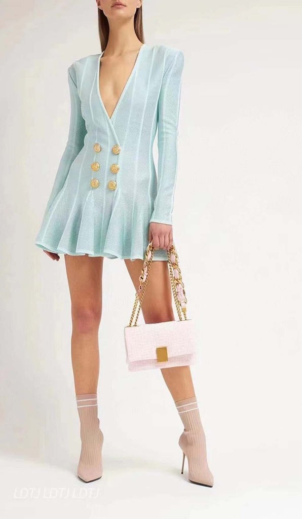 BUTTON-EMBELLISHED MESH MINI DRESS IN MINT DRESS OH CICI